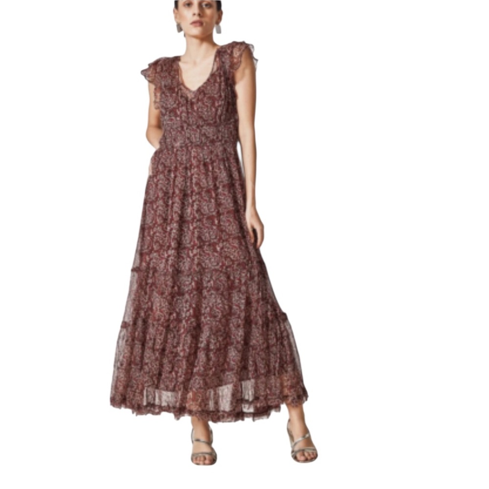 Free People Aurora Printed Floral Midi Dress Sz S Ruffled Victorian Gauzy Boho
